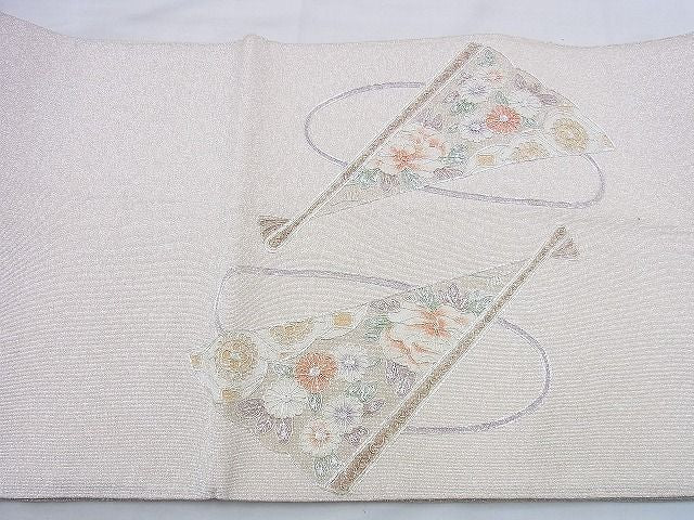 平和屋着物◎太鼓柄袋帯 駒刺繍 檜扇風景花鳥文 銀糸 おく田謹製 逸品 BAAG0554jm