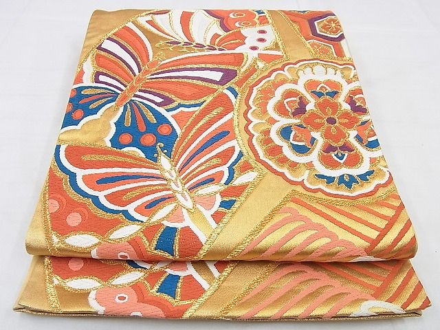 平和屋着物◎六通柄袋帯 唐織 正倉院舞蝶文 金糸 逸品 BAAG0096if