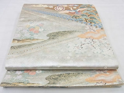 平和屋着物◎六通柄袋帯 唐織 飛鶴草花文 金銀糸 逸品 BAAG0095if