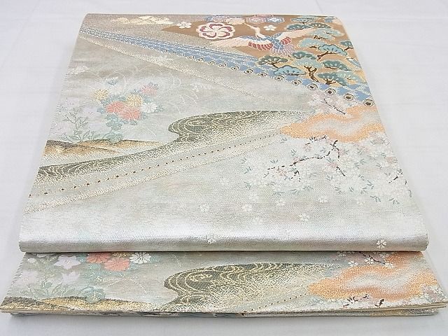 平和屋着物◎六通柄袋帯 唐織 飛鶴草花文 金銀糸 逸品 BAAG0095if