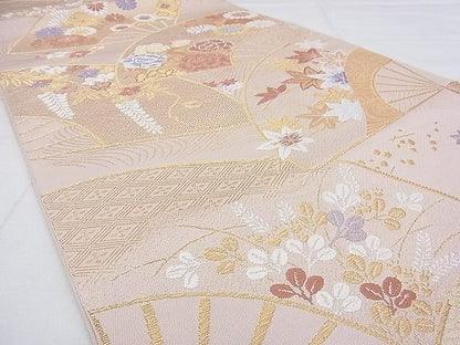 平和屋着物◎六通柄 本袋帯 唐織 扇面吉祥花文 金糸 逸品 BAAG0145if