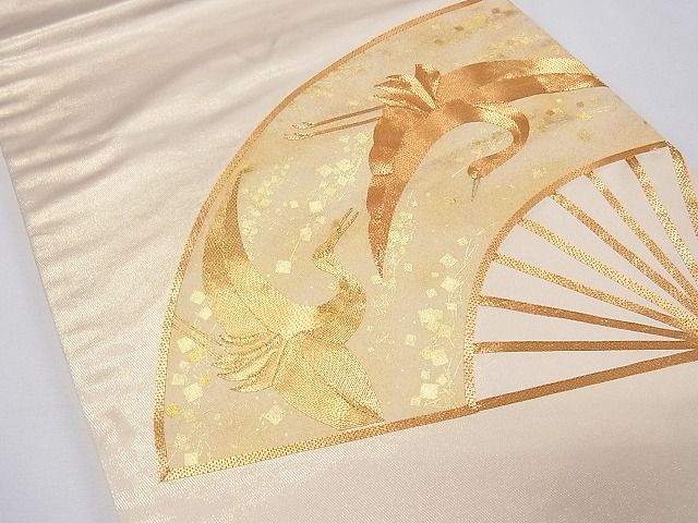 平和屋着物■太鼓柄袋帯 駒刺繍 扇面飛鶴文 金糸 逸品 CAAG0077fb