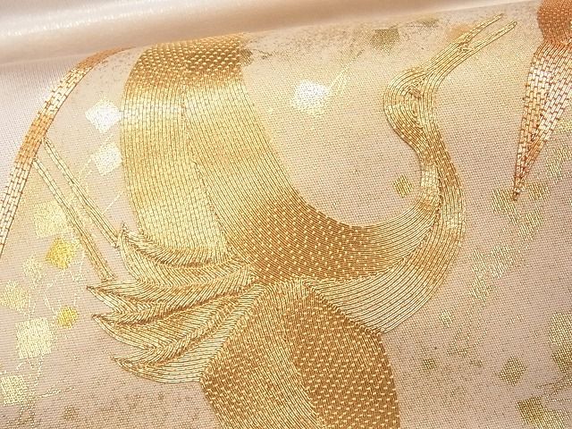 平和屋着物■太鼓柄袋帯 駒刺繍 扇面飛鶴文 金糸 逸品 CAAG0077fb