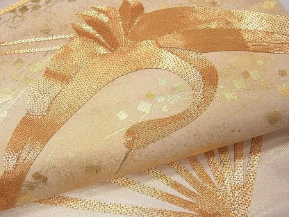 平和屋着物■太鼓柄袋帯 駒刺繍 扇面飛鶴文 金糸 逸品 CAAG0077fb
