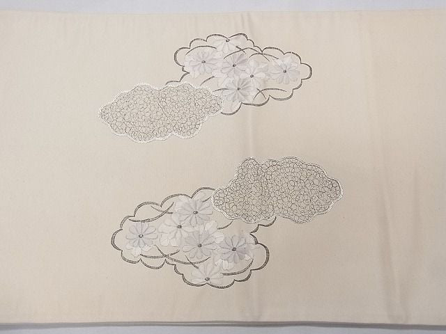 平和屋着物■袋帯 総刺繍 駒刺繍 双鶴雲取り花文 銀糸 逸品 CAAG0097fb