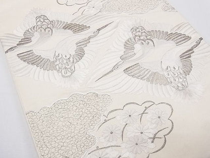 平和屋着物■袋帯 総刺繍 駒刺繍 双鶴雲取り花文 銀糸 逸品 CAAG0097fb