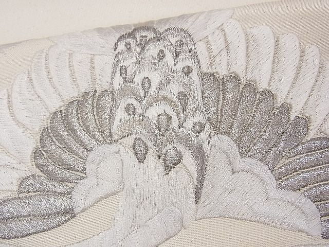 平和屋着物■袋帯 総刺繍 駒刺繍 双鶴雲取り花文 銀糸 逸品 CAAG0097fb