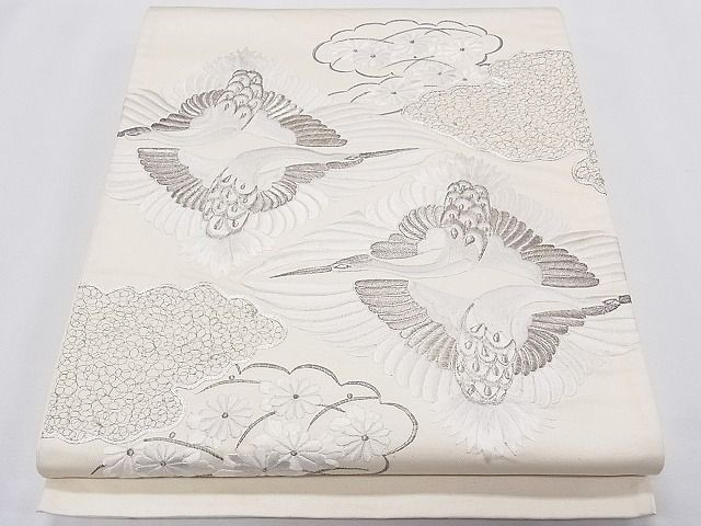 平和屋着物■袋帯 総刺繍 駒刺繍 双鶴雲取り花文 銀糸 逸品 CAAG0097fb