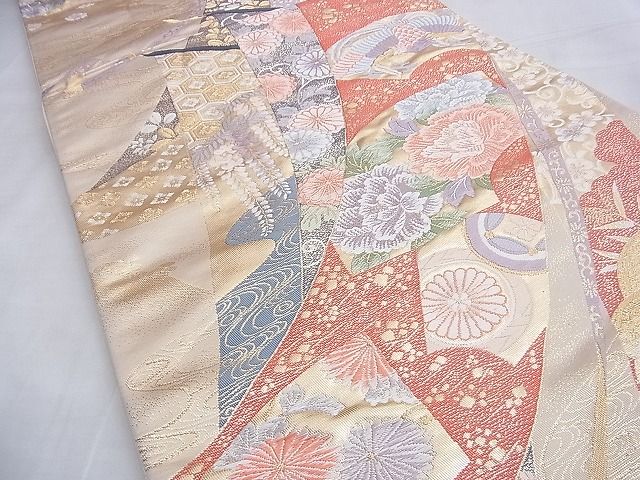 平和屋着物◎六通柄袋帯 唐織 熨斗目格天花扇文 金銀糸 逸品 BAAG4104du