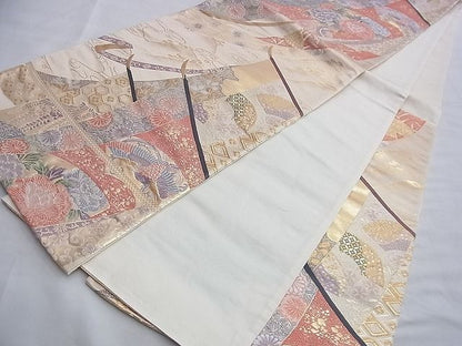 平和屋着物◎六通柄袋帯 唐織 熨斗目格天花扇文 金銀糸 逸品 BAAG4104du