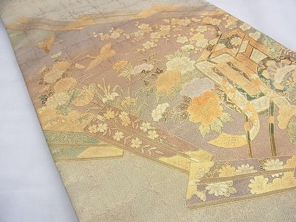平和屋着物◎太鼓柄袋帯 扇御所車飛鶴花文 金彩 逸品 BAAG4148du