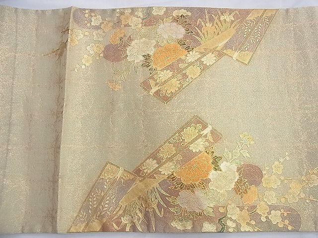 平和屋着物◎太鼓柄袋帯 扇御所車飛鶴花文 金彩 逸品 BAAG4148du