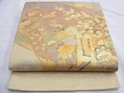 平和屋着物◎太鼓柄袋帯 扇御所車飛鶴花文 金彩 逸品 BAAG4148du