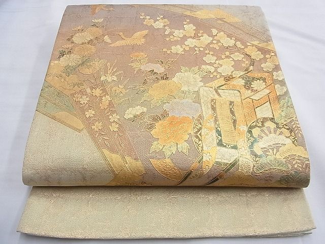 平和屋着物◎太鼓柄袋帯 扇御所車飛鶴花文 金彩 逸品 BAAG4148du