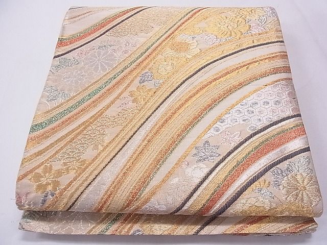 平和屋着物◎六通柄袋帯 流水草花文 金銀糸 逸品 CAAF8311th