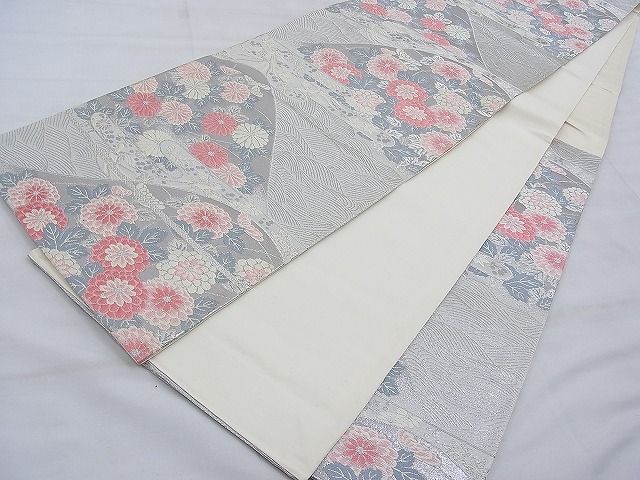平和屋着物◎六通柄袋帯 エ霞遠山花文 銀糸 逸品 BAAF2029iy