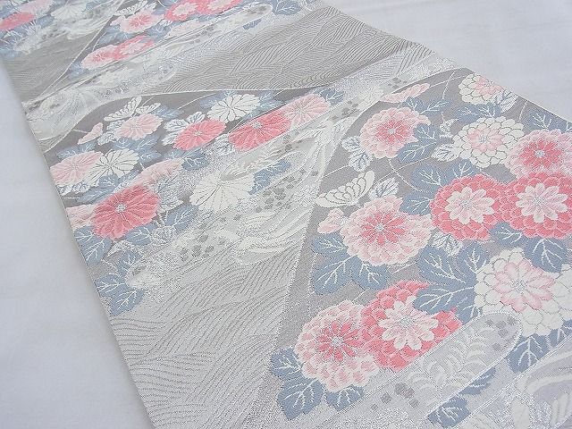 平和屋着物◎六通柄袋帯 エ霞遠山花文 銀糸 逸品 BAAF2029iy