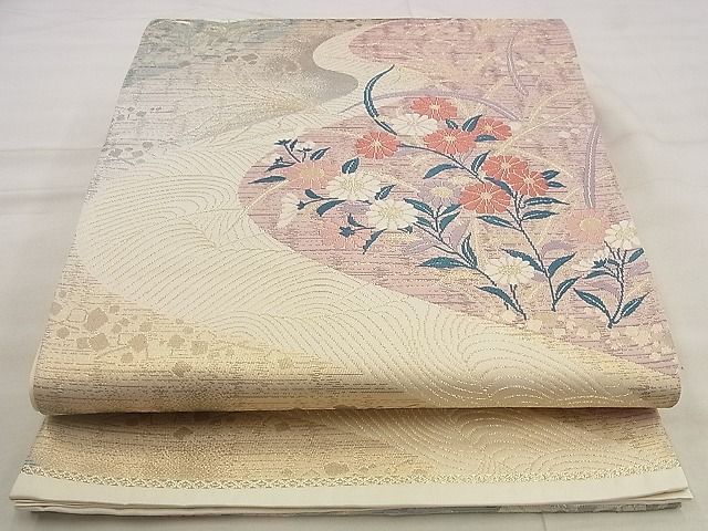 平和屋着物◎六通柄袋帯 唐織 流水秋草文 金糸 逸品 BAAF2157iy
