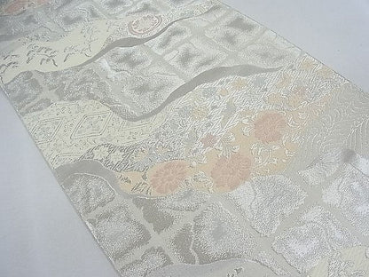 平和屋着物◎六通柄袋帯 流水花鳥文 銀糸 逸品 CAAF5649nb