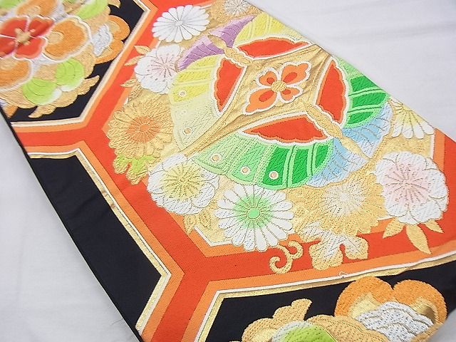平和屋着物◎六通柄袋帯 唐織 向かい蝶亀甲花文 黒地 金銀糸 逸品 BAAH0072ow
