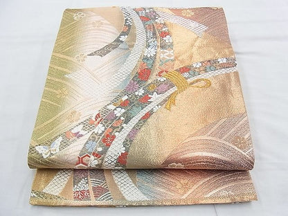 平和屋着物◎六通柄袋帯 唐織 束ね熨斗花蝶文 金糸 逸品 BAAH0140ow