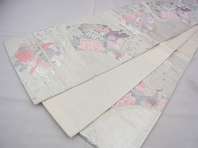 平和屋着物◎六通柄袋帯 唐織 孔雀地紙花文 プラチナ二重織 逸品 BAAG7906fk