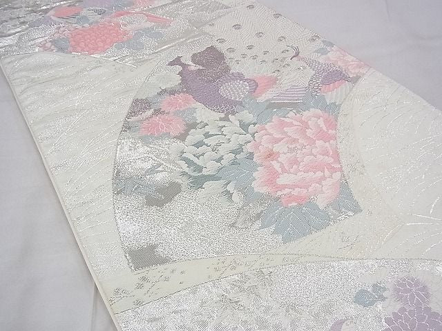平和屋着物◎六通柄袋帯 唐織 孔雀地紙花文 プラチナ二重織 逸品 BAAG7906fk