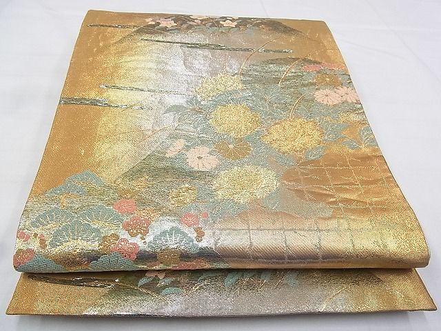 平和屋着物◎佐賀錦 六通柄袋帯 唐織 エ霞遠山花文 金糸 逸品 BAAG0180if