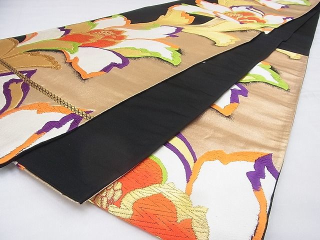 平和屋着物◎六通柄袋帯 唐織 花唐草文 黒地 金糸 逸品 BAAG9615if