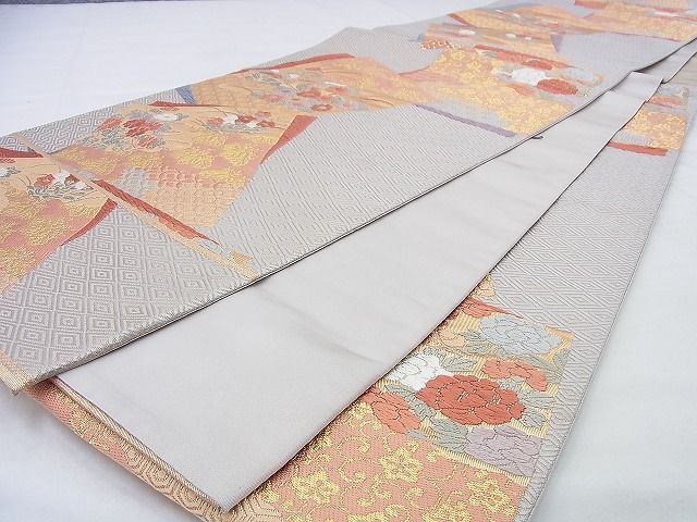 平和屋着物◎六通柄袋帯 色紙吉祥花文 金糸 逸品 BAAG9631if