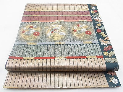 平和屋着物◎六通柄袋帯 唐織 格天井鳳凰花丸文 金糸 逸品 BAAG9672if
