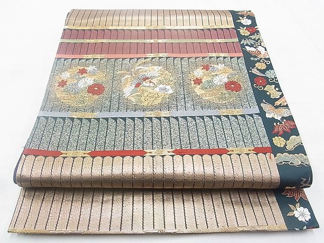 平和屋着物◎六通柄袋帯 唐織 格天井鳳凰花丸文 金糸 逸品 BAAG9672if