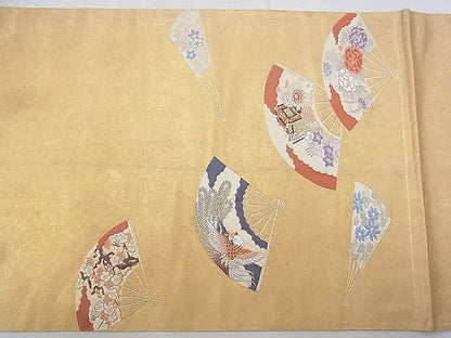 平和屋着物◎太鼓柄袋帯 唐織 扇面琳派花鳥文 金糸 逸品 BAAG9680if