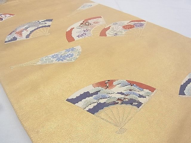 平和屋着物◎太鼓柄袋帯 唐織 扇面琳派花鳥文 金糸 逸品 BAAG9680if