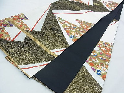 平和屋着物◎六通柄袋帯 唐織 宝尽くし文様 黒地 金銀糸 逸品 BAAG6429xa