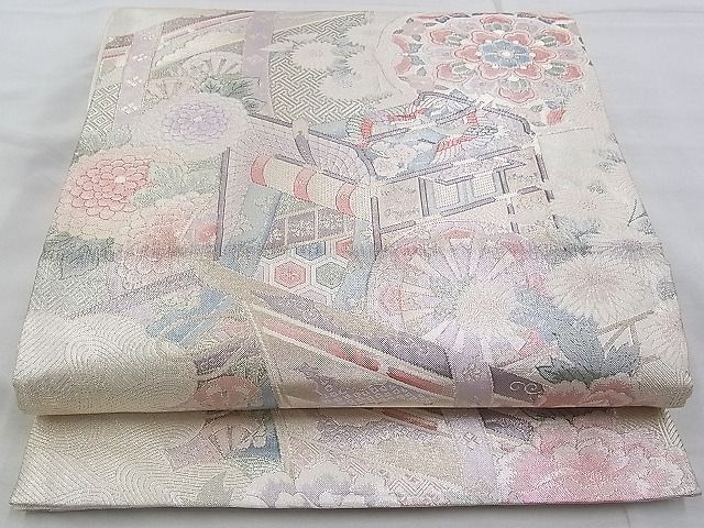 平和屋着物◎佐賀錦 六通柄袋帯 御所車几帳花文 銀糸 逸品 BAAG6444xa