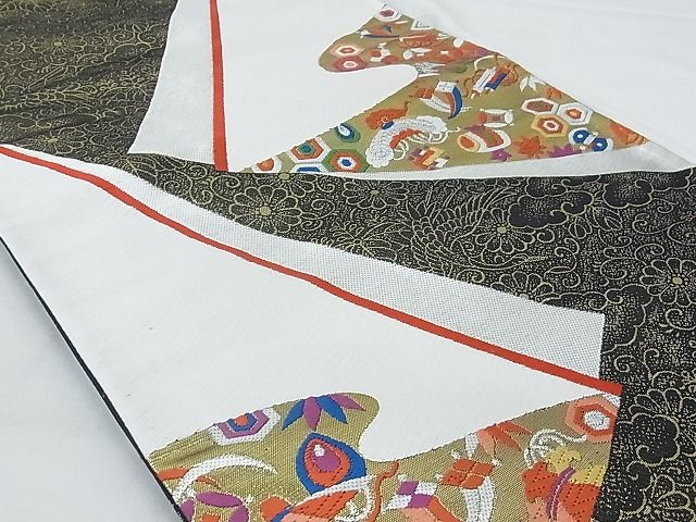 平和屋着物◎六通柄袋帯 唐織 宝尽くし文様 黒地 金銀糸 逸品 BAAG6429xa