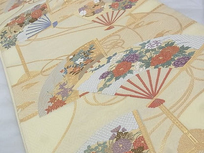 平和屋着物◎六通柄袋帯 唐織 扇面散らし花文 金糸 逸品 BAAG9039iy