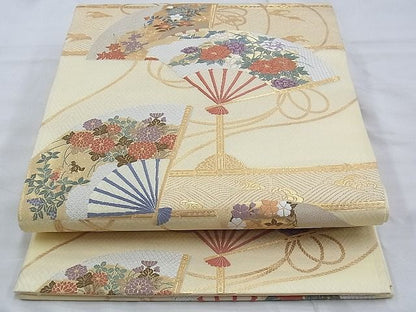 平和屋着物◎六通柄袋帯 唐織 扇面散らし花文 金糸 逸品 BAAG9039iy