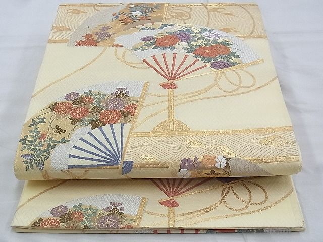 平和屋着物◎六通柄袋帯 唐織 扇面散らし花文 金糸 逸品 BAAG9039iy