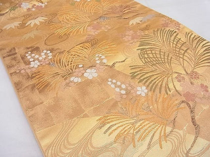 平和屋着物■六通柄袋帯 唐織 装春三友文 金糸 逸品 BAAG6206ea