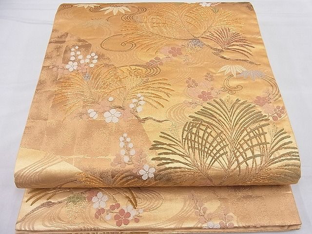 平和屋着物■六通柄袋帯 唐織 装春三友文 金糸 逸品 BAAG6206ea