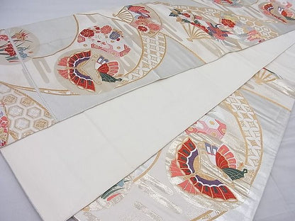 平和屋着物◎六通柄袋帯 唐織 扇面吉祥花鳥文 金糸 逸品 BAAG6267ea