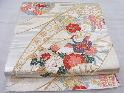 平和屋着物◎六通柄袋帯 唐織 扇面吉祥花鳥文 金糸 逸品 BAAG6267ea