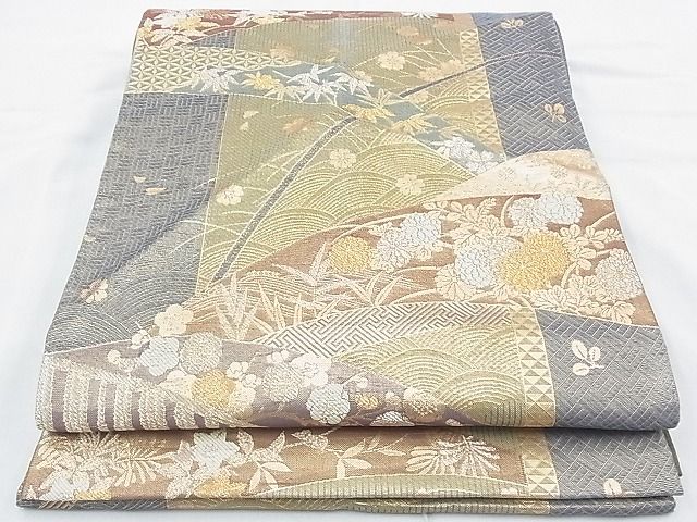 平和屋着物◎六通柄袋帯 芝草春秋花文 金糸 逸品 BAAG5075ns