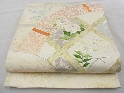 平和屋着物◎太鼓柄袋帯 刺繍 切嵌 籬菊牡丹文 金糸 逸品 BAAG7308ph