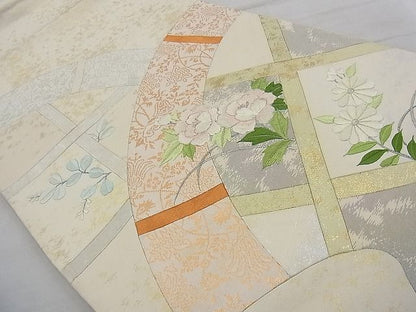 平和屋着物◎太鼓柄袋帯 刺繍 切嵌 籬菊牡丹文 金糸 逸品 BAAG7308ph