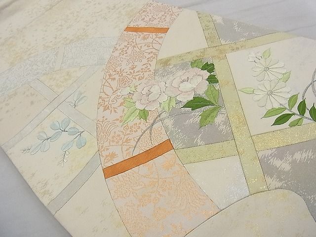 平和屋着物◎太鼓柄袋帯 刺繍 切嵌 籬菊牡丹文 金糸 逸品 BAAG7308ph