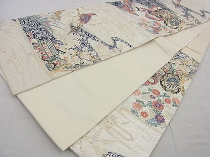 平和屋着物◎六通柄袋帯 唐織 御所車花鳥文 金銀糸 逸品 BAAG7361ph