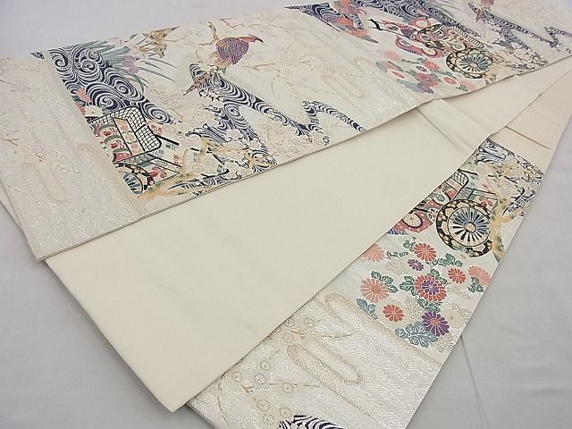 平和屋着物◎六通柄袋帯 唐織 御所車花鳥文 金銀糸 逸品 BAAG7361ph